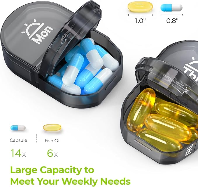 AUVON Canvas Bag Travel Pill Organizer 2 Times a Day, Large AM/PM Weekly Pill Box 7 Day Pill Case with Portable Cyan Zipper Cloth Bag for Holding Supplements, Vitamins and Fish Oils