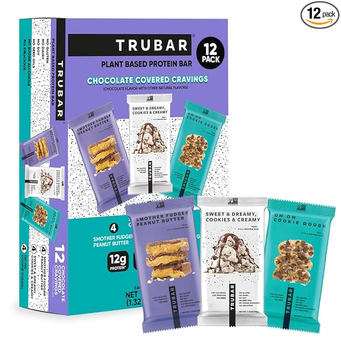 TRUBAR Vegan Protein Bars, Chocolate Covered Cravings Variety Pack, Peanut Butter, Cookies & Cream, & Cookie Dough, Gluten Free, Plant Based, High Fiber, Dairy Free, On the Go Healthy Snacks, 12 Count