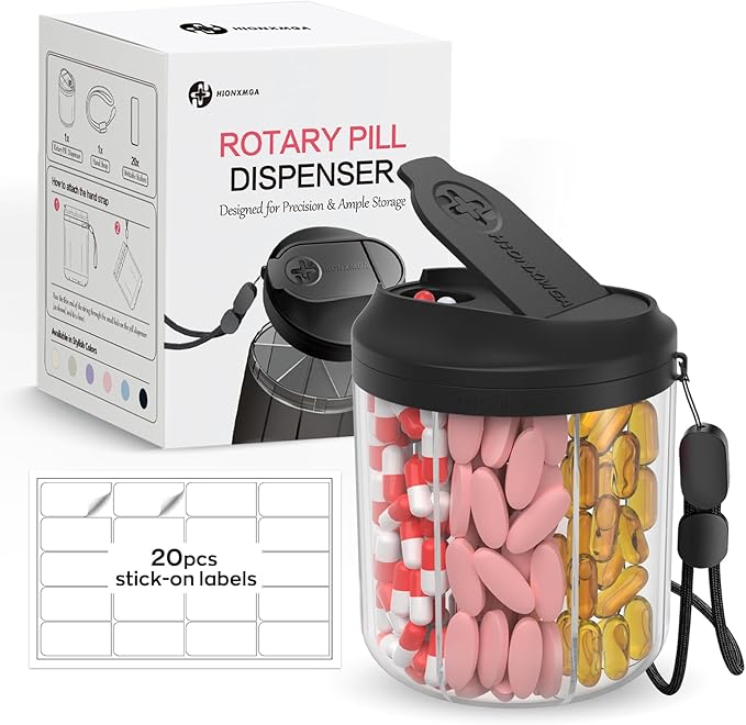 Hionxmga Pill Bottle Organizer with 7 Large Compartments, Pill Dispenser for Travel, Supplement Organizer with Anti-Mixing Design, BPA-Free Pill Container with 20 Pcs Labels, Black