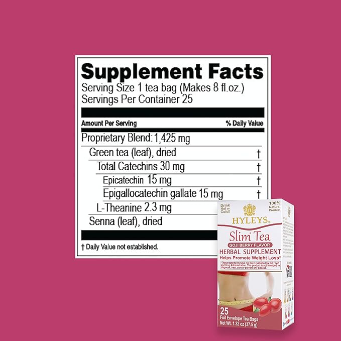 Hyleys Slim Tea Goji Berry Flavor - Weight Loss Herbal Supplement Cleanse and Detox - 25 Tea Bags (12 Pack)