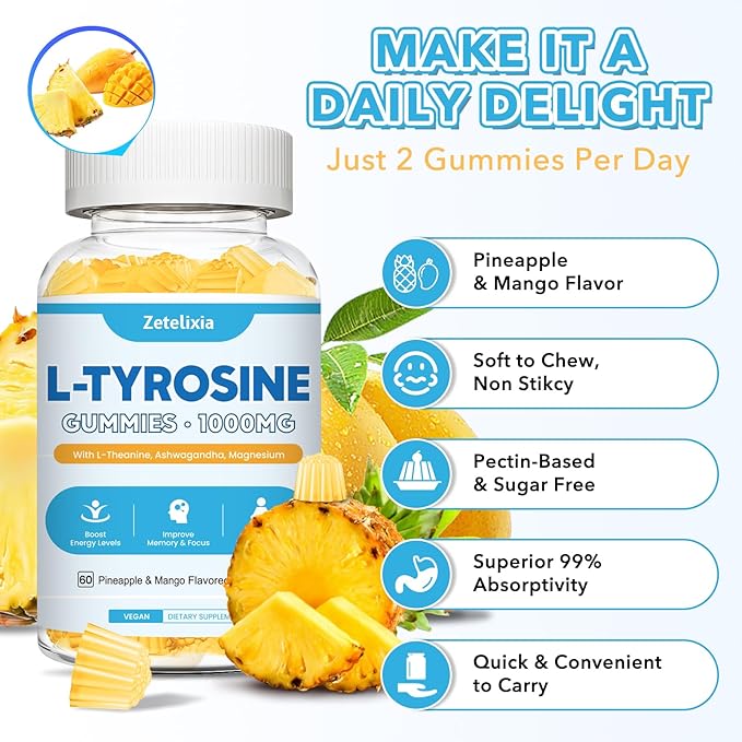 L Tyrosine Gummies, 2 Pack L-Tyrosine Supplement, Tyrosine Gummies with L-Theanine B6 D3, Tyrosine Supplement for Brain, Memory, Energy, Mood for Adult & Kids, Pineapple & Mango Flavor, 120 Ct
