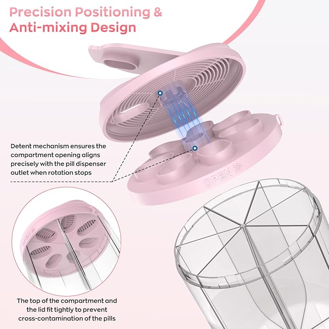 Hionxmga Pill Dispenser with 7 Large Compartments, Pill Organizer for Travel with Anti-Mixing Design, BPA-Free Pill Container with 20 Pcs Labels, Pink