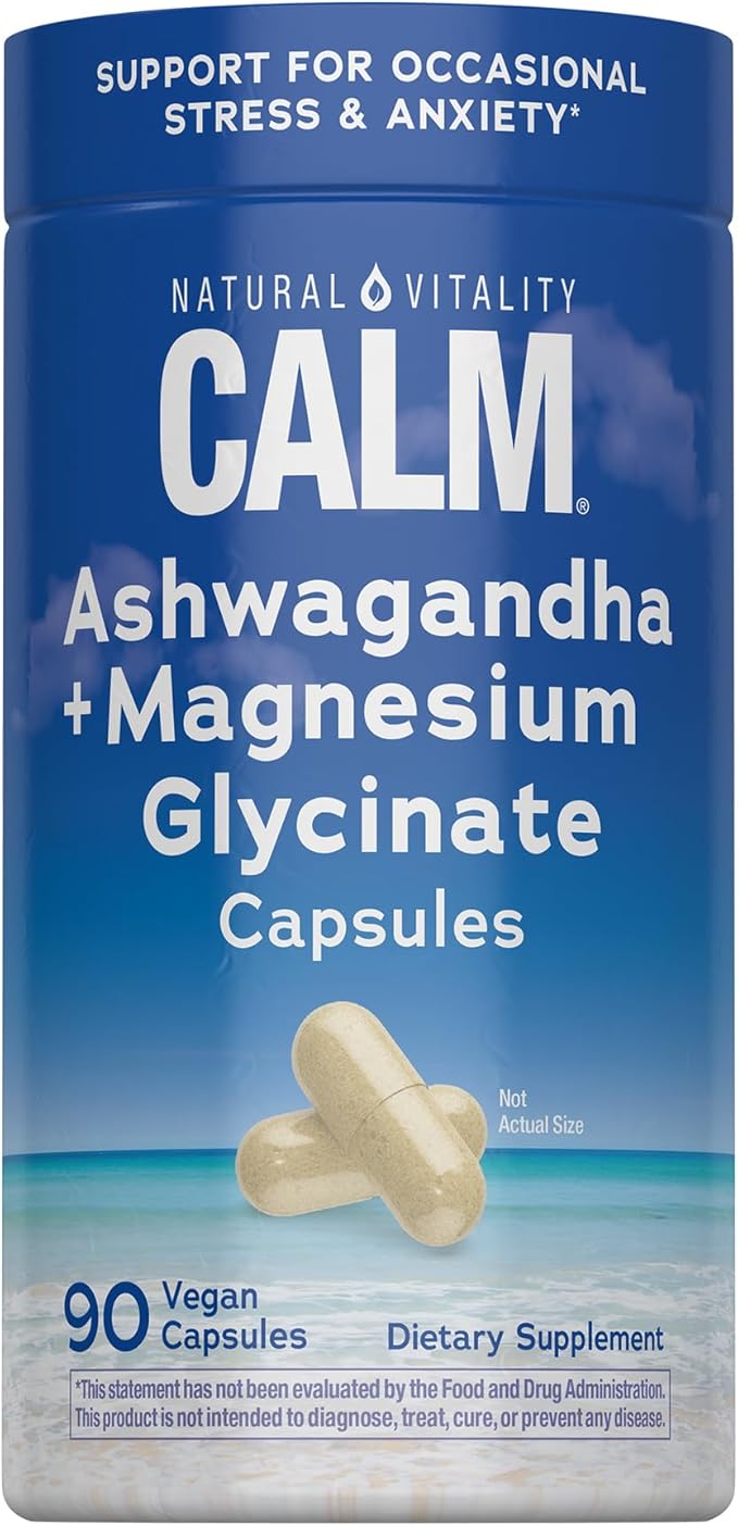 Natural Vitality Calm Ashwagandha + Magnesium Glycinate Capsules | Support for Occasional Stress & Anxiety | Gluten Free Supplement | 90 Count