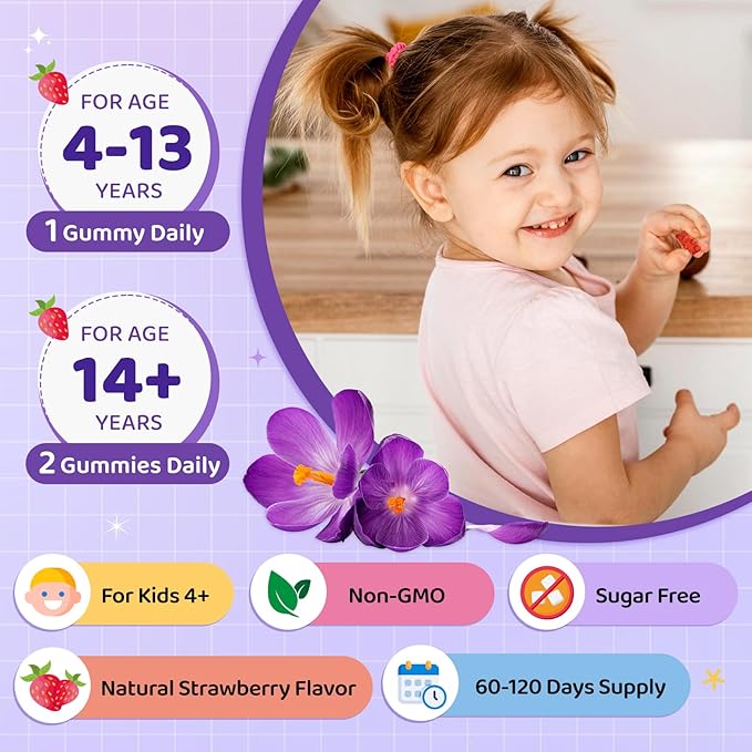 Saffron Gummies for Kids & Adults, 20-in-1 Saffron Supplements with 88.5mg Saffron Extract, B6, B12, C, D3, Magnesium for Calm, Focus, Nerve, Sugar Free, Vegan, Non-GMO - Strawberry Flavor, 120 Counts