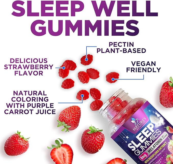 Sleep Gummies - 8mg Melatonin Per Serving - With Passiflora Extract for Restful Sleep - Fast Acting Melatonin Sleep Gummy Supplement for Adults, Vegan, Non-GMO, Tasty Strawberry Flavor - 120 Gummies