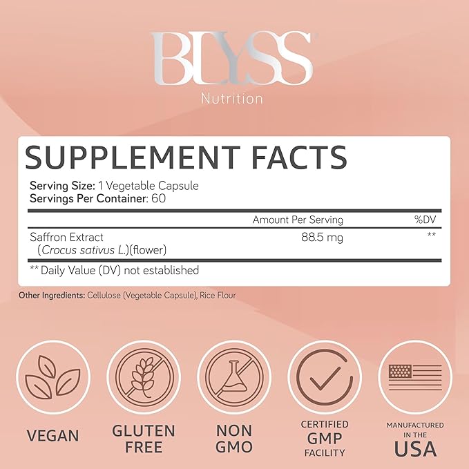 Saffron Supplements – Saffron Extract Pills for Women – Support Mood, Energy Boost, PMS, Mental Clarity & Metabolism - Non-GMO, Gluten Free, 60 Vegan Capsules