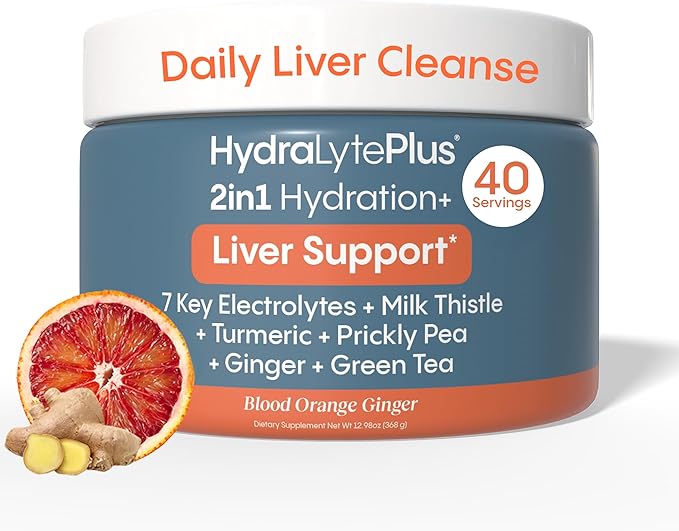 Hydralyte Liver Support + Electrolyte Mix with Milk Thistle, Turmeric, Ginger, Prickly Pear, Green Tea Extract Formulated for Rapid Rehydration, (Blood Orange Ginger, 40 Serve Tub)
