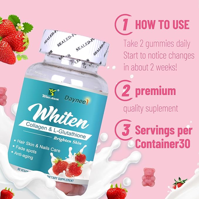 Skin Whiten Gummies, Contains Collagen & L-Glutathione, Support Brighten Skin, Fade Spots & Anti-Aging, 60 Count