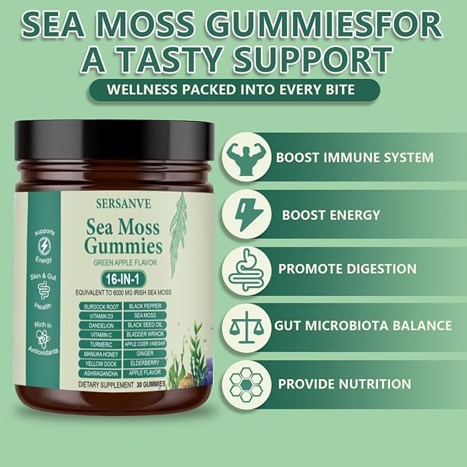Sea Moss Gummies 16-in-1, with Black Seed Oil, Ashwagandha & Elderberry | Organic Irish Sea Moss Supplement for Men & Women | Daily Support with Manuka, Burdock Root & Vitamins C & D3, 30 Gummies