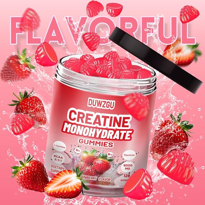 Creatine Monohydrate Gummies for Men & Women 5000mg Muscle Strength & Recovery Added Electrolytes – 128 Vegan Gummies Strawberry Flavor,The Optimal Choice for Fitness, Sports, Physical Training