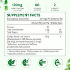 2 Pack Ginkgo Biloba Gummies for Women and Men, Brain Supplement Improve Better Mood and Focus, Vegan Mixed Berry Flavor 120 Count