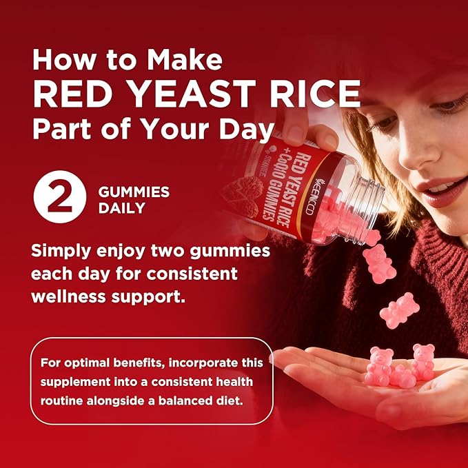 MEENCCD Red Yeast Rice with CoQ10 Gummies, Red Yeast Rice Supplement with Coenzyme Q10 for Overall Well-Being, Sugar Free, Vegan, Raspberry Flavor, 60 Count