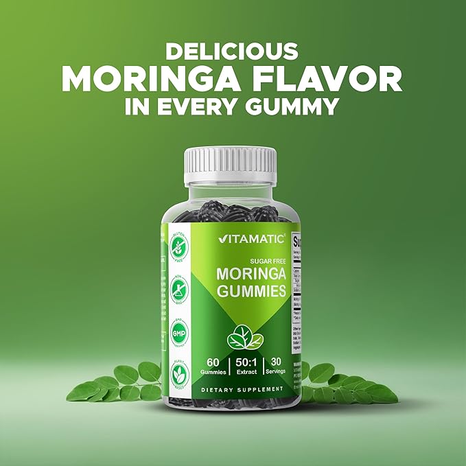 Vitamatic 2 Packs Moringa Gummies – Sugar-Free Botanical Extract – Green Superfood Supplement – Vegan, Pectin-Based, Non-GMO – Plant-Based Gummies – 60 Count