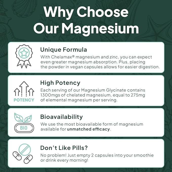Organics Ocean Pure Magnesium Glycinate with Zinc - Maximum Strength Chelated Magnesium Supplement for Women and Men for Muscle Cramps and Sleep Support - 6 Bottles