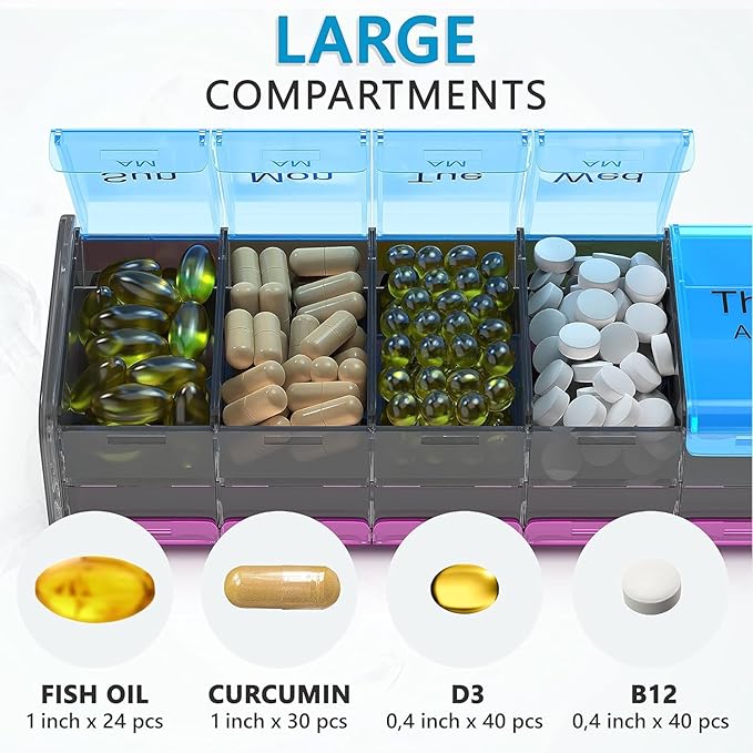 Extra Large Pill Organizer- XXL Pill Box 7 Day - Weekly Pill Organizer with AM PM Large Compartments Big Pill Case for Supplements Jumbo Pill Holder for Vitamins Huge Medicine Organizer 2 Times a Day