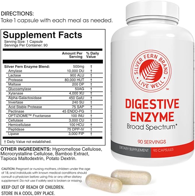 Silver Fern Brand Ultimate Digestive Enzyme Supplement - 1 Bottle = 90 Capsules - High Potency, Multi Enzyme - Digestive Comfort & Food Tolerance - Hemicullulase, Peptidase, Maltase, More