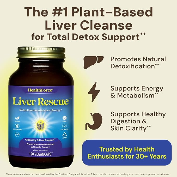 HealthForce SuperFoods Liver Rescue - Natural Liver Cleanse - with Milk Thistle & Dandelion Root - Gluten-Free & Vegan - 120 Capsules