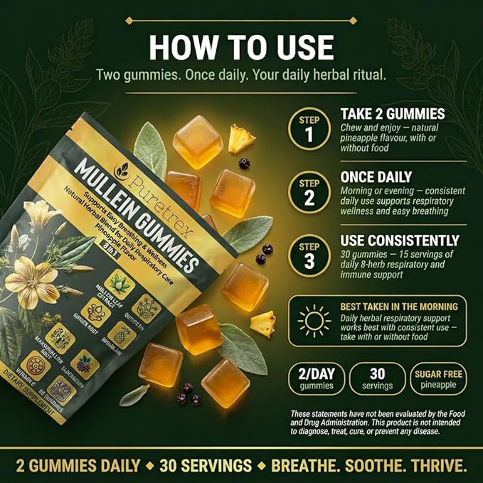 Mullein Gummies, 8-in-1 Natural Herbal Blend, Pineapple Flavor, 60 Count, Respiratory Support Supplement with Elderberry, Vitamin C, Ginger Root