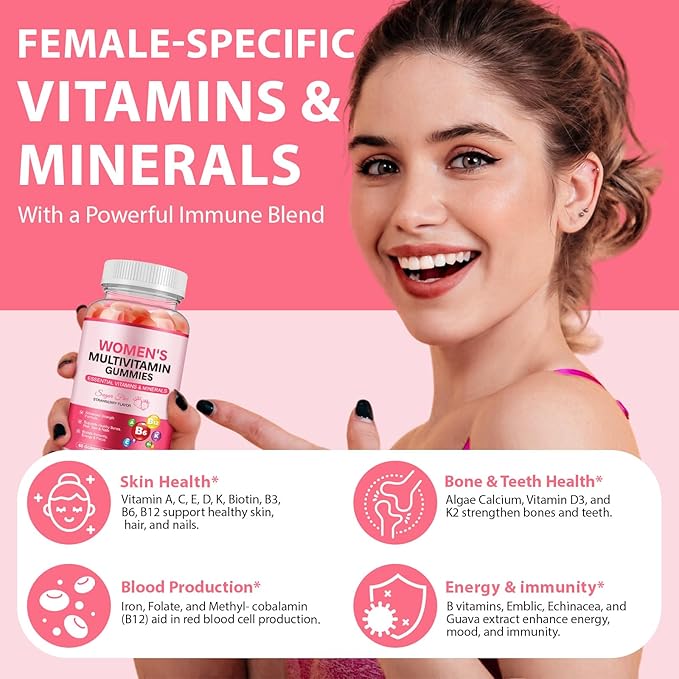 Multivitamin Gummies for Women, Natural Multi Vitamins, Boosts Immunity, Energy & Focus, Womens Daily Multivitamin Gummy for Hair, Skin & Nails, Sugar-Free, Strawberry Flavor, 60 Gummies