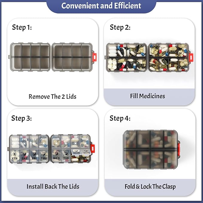 Foldable Weekly Pill Organizer 2 Times a Day with 2 Extra Compartments (Clear Printed Labels) - 7 Day AM PM Medicine Box, Week Daily Travel Pill Case Holder for Vitamin, Supplement - Clear Black