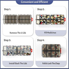 Foldable Weekly Pill Organizer 2 Times a Day with 2 Extra Compartments (Clear Printed Labels) - 7 Day AM PM Medicine Box, Week Daily Travel Pill Case Holder for Vitamin, Supplement - Clear Black