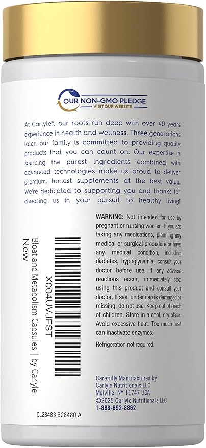 Carlyle Bloat and Metabolism Probiotic | 90 Capsules | Bloating Relief Formula | Sugar & Cellular Energy Support | for Women and Men | Vegan, Non-GMO, Gluten Free