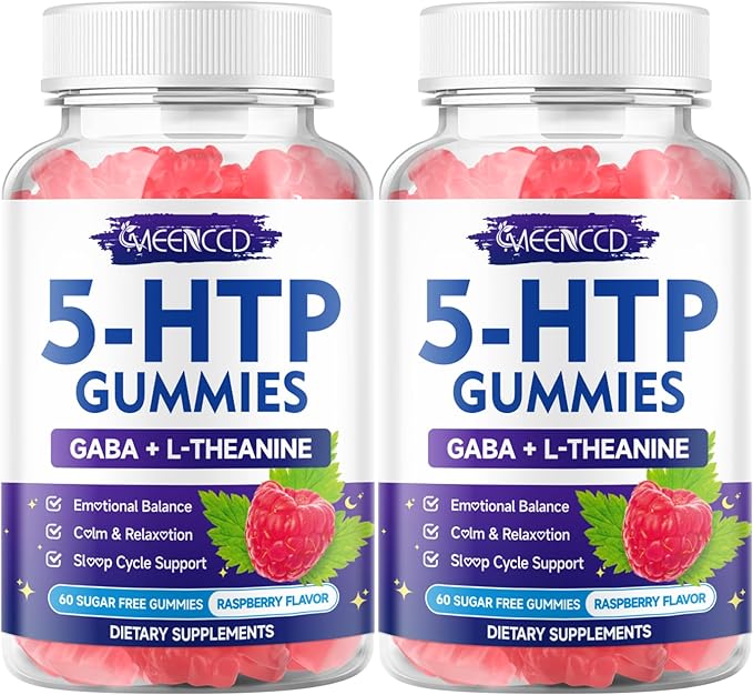 2 Pack 5-HTP Gummies 300mg, 5-HTP Supplement with 200mg L-Theanine & 50mg GABA, GABA Supplements for Adults, Sugar Free, Raspberry Flavor, 120 Count