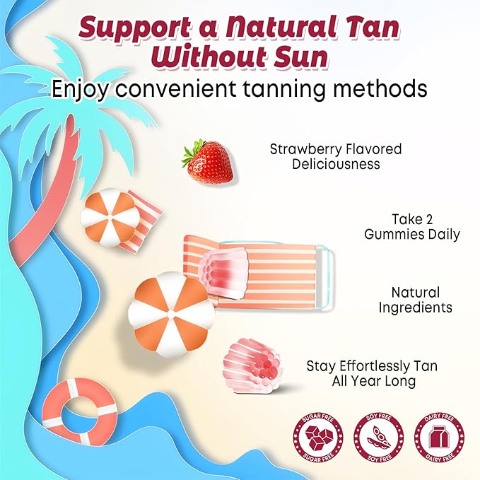 Sugar Free Tanning Gummies for Women, Supports Radiant Tan & Healthy Skin, Extra Strength with Astaxanthin Lycopene Beta Carotene and Vitamins - Supports Faster Tanning, Strawberry Flavored, 60 Count