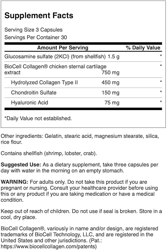 Swanson Glucosamine & BioCell Collagen Type II Joint and Skin Health Supplement for Active Adults Seeking Mobility and Skin Elasticity Support (90 Capsules)