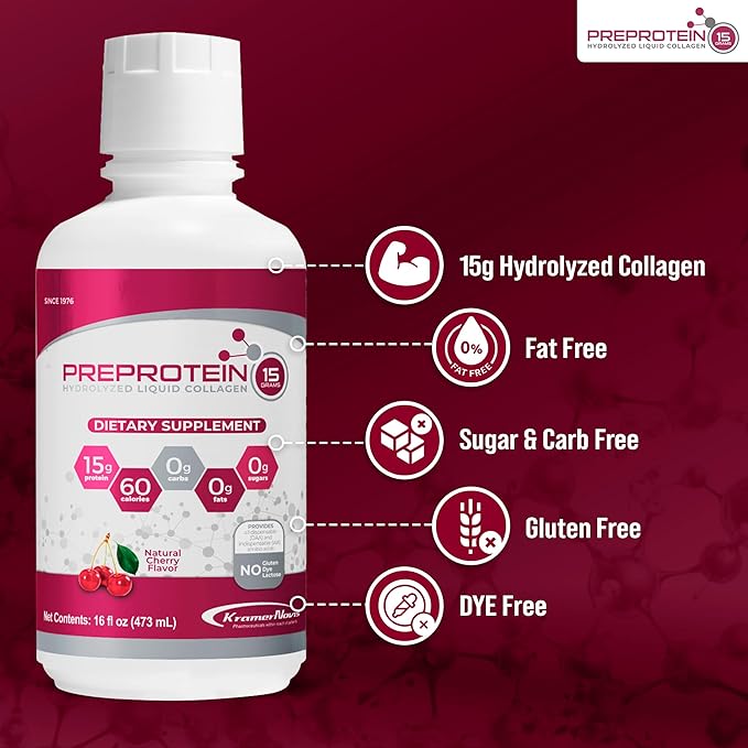PreProtein 15 Liquid Hydrolyzed Collagen Peptides – Sugar Free Cherry Flavor Drink – 15g Protein Amino Acid Supplement for Bariatric Recovery, Joint Support & Wound Care – 16oz