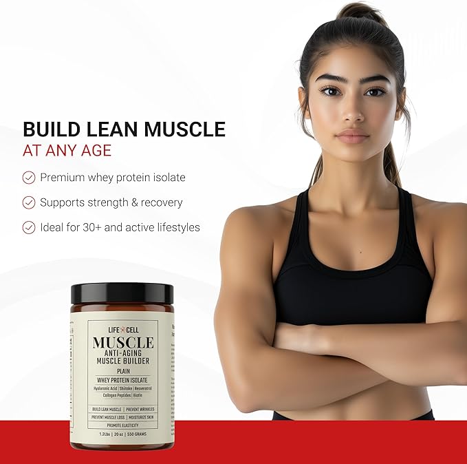 LifeCell Whey Protein – Anti-Aging Muscle Builder with Shiitake Mushroom, Collagen & Hyaluronic Acid – Plain, No Sugar Added, Soy-Free, Gluten-Free, 550g