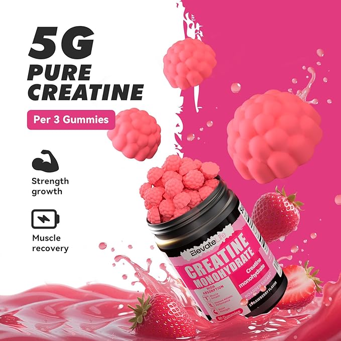 NSFCertified Creatine Monohydrate Gummies 5000mg for Men & Women, Chewables Creatine Monohydrate for Muscle Strength, Muscle Builder, Energy Boost, Pre-Workout Supplement(90 Count)-Strawberries