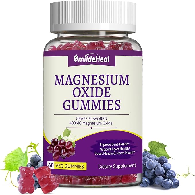 Magnesium Oxide Gummies 400mg, Chewable Magnesium Gummies for Women & Adults, Nerve & Muscle Support - Sugar-Free, Vegan, 60 Count
