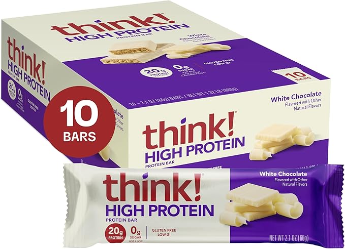 think! Protein Bars, High Protein Snacks, Gluten Free, Kosher Friendly, White Chocolate, Nutrition Bars, 2.1 Oz per Bar, 10 Count (Packaging May Vary)