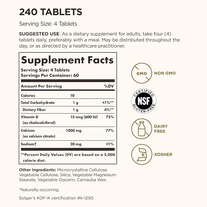 Solgar Calcium Citrate with Vitamin D3, 240 Tablets - Promotes Healthy Bones & Teeth, Supports Musculoskeletal & Nervous Systems - Non-GMO, Gluten-Free, Dairy Free, Kosher - 60 Servings