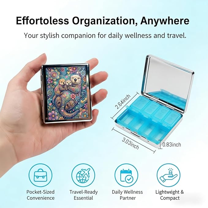 Weekly Pill Organizer, Metal Pill Box with 8 Compartments, Small Travel Pill Case for Purse Pocket, Medicine Vitamin Supplement Organizer (Otter Family)