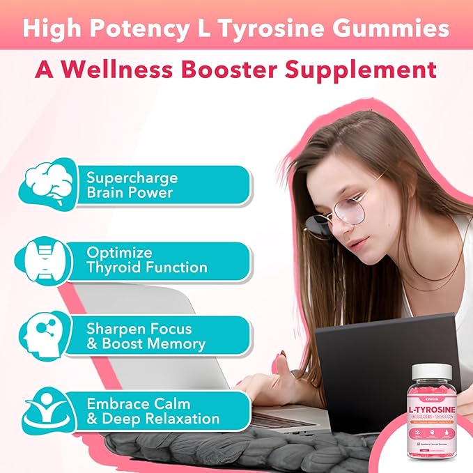 L Tyrosine Gummies, L-Tyrosine Supplement, 10-in-1 Tyrosine Gummies with Vitamin B6 D3, Tyrosine Supplement Support Cognitive, Memory, Energy, Mood for Adult & Kids, Strawberry Flavor, 60 Ct