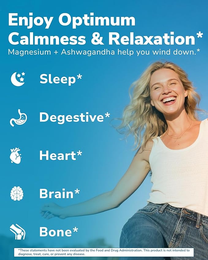 Magnesium Complex with Ashwagandha & L-Theanine - Stress Relief, Bone & Relaxation Support - w/Vitamin D3, B6 - Glycinate, Citrate, Malate, Taurate - 90 Vegan Capsules, Non-GMO, Gluten Free