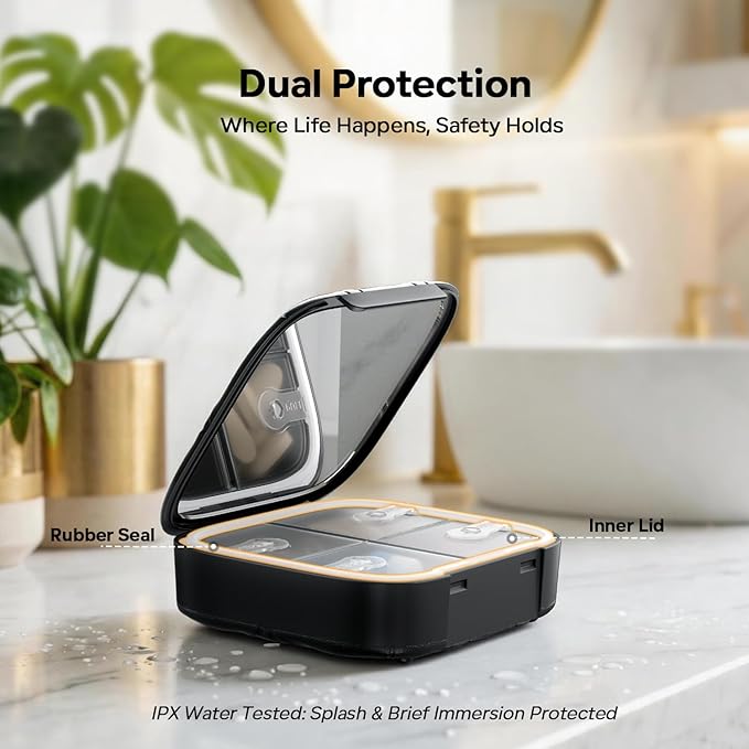 Betife Travel Pill Organizer for Purse, Small Cute Pill Box with Mirror, 4 Large Compartment Pill Case, Waterproof Medicine Container, Portable Faux Leather Vitamin Case BPA-Free (Classic Black)