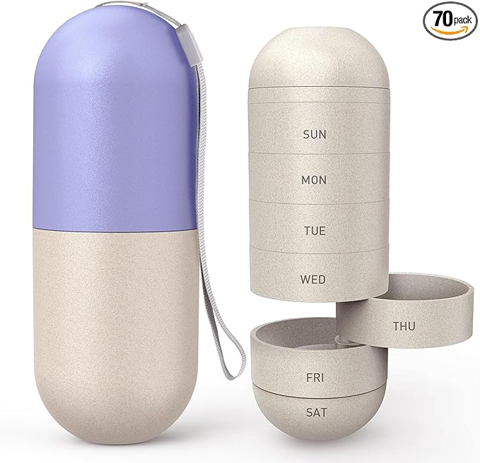 Zannaki Upgrade Large Compartment Grain Fiber Moisture Proof Cute Weekly Pill Organizer, Laser Carving Markings, BPA Free Travel Hiking 7 Day Pill Box Case to Hold Pills,Vitamins,Fish Oil,Supplements