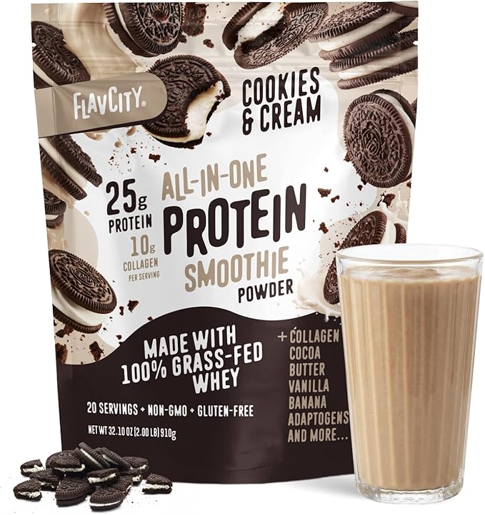 FlavCity All in One Protein Shake Powder, Cookies and Cream - On the Go Meal Alternative + Collagen Peptides, Reishi & Cordyceps - Focus, Skin, Hair & Joint Support - 100% Grass Fed Whey, 20 Servings