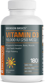 Bronson Vitamin D3 10,000 IU (250 MCG) for Healthy Muscle Function and Immune Support, Non-GMO, 180 Tablets
