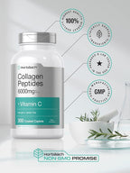 Horbäach Collagen Peptides 6000mg | 300 Caplet Pills | with Vitamin C | Hydrolyzed Collagen Supplement | Non-GMO, Gluten Free