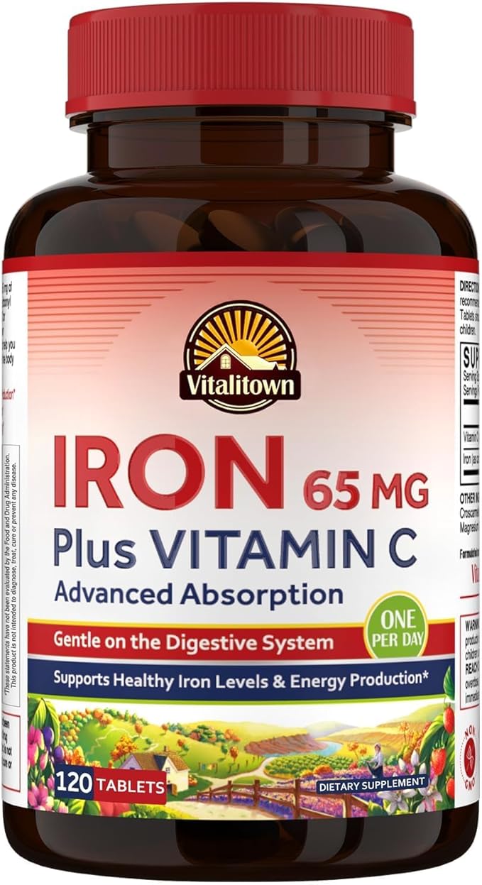 Vitalitown Iron Supplement for Women Men, High Potency 65mg Iron with Vitamin C 250mg, Less Constipating, Better for Blood Building & Energy Improvement, No Gluten, Non-GMO,120 Vegan Iron Pills