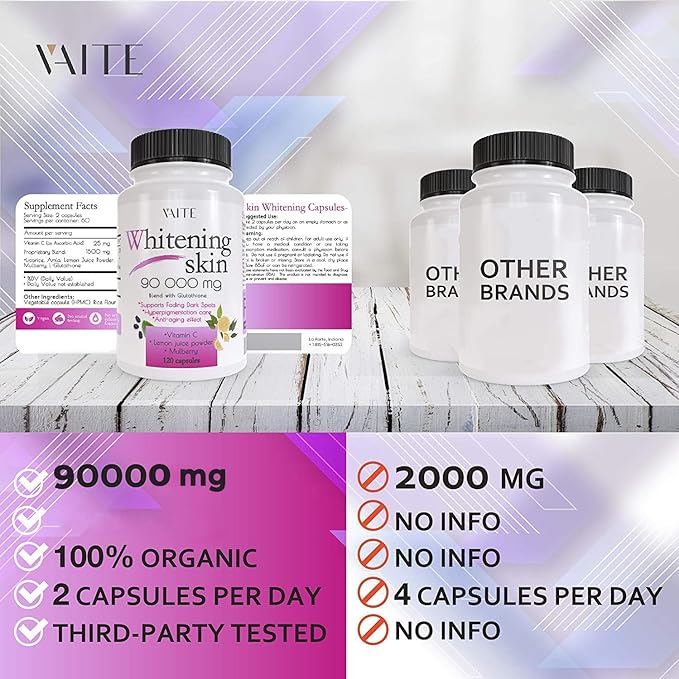 VAITE Glutathione Whitening Pills - Dark Spots & Acne Scar Remover - 90000mg - Vegan Skin Bleaching Pills with Anti-Aging & Antioxidant Effect - 120 Capsules (3 Pack)