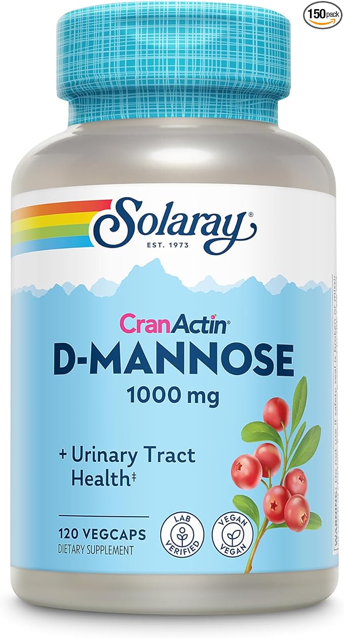 SOLARAY D-Mannose 1000mg with CranActin Cranberry Supplement 400mg, Urinary Tract Health & Bladder Support Capsules with Vitamin C, Vegan, 60 Day Guarantee, 60 Servings, 120 VegCaps (120 CT)