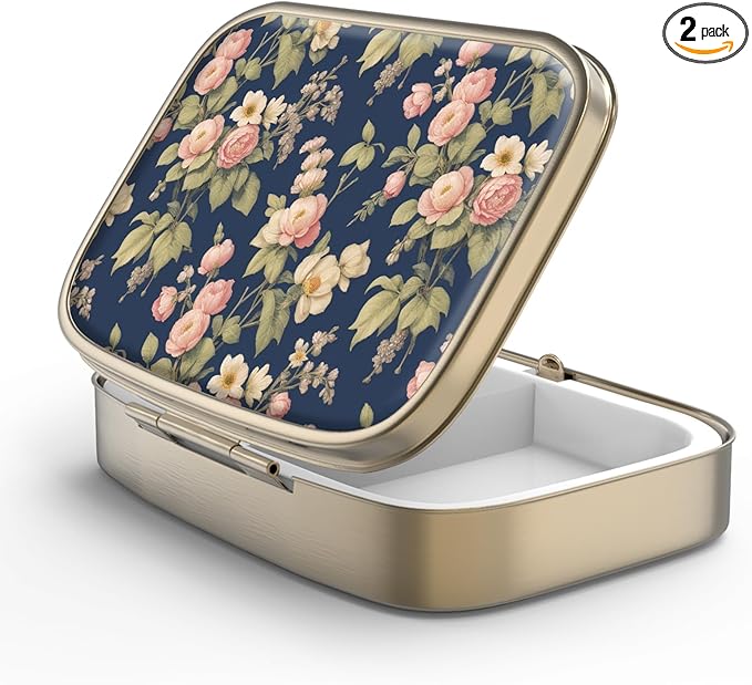 Pill Case Pill Box with Mirror Retro 2 Compartment Small Pill Case for Purse or Pocket Bronze Rectangular Pill Box or Vitamins, Fish Oil, Supplements, Pill Containe Travel Gifts（Retro Rose Floral）