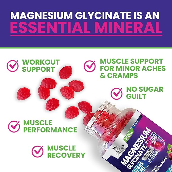 Magnesium Glycinate Supplement Gummies - Magnesium Supplement with Bone Muscle Heart Health & Sleep Support - Gentle on Stomach & Chelated for Max Absorption - Grape Flavor & Sugar Free - 60 Gummies