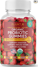 Plant.O Organic Probiotic Gummies for Women, Men & Kids [5 Billion CFUs USDA Certified] Help Support Digestion, Bloating, Constipation & Immune System, Strawberry Flavor, 30 Chewable Probiotics