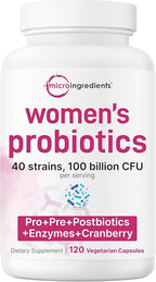 Micro Ingredients Probiotics for Women 100 Billion CFU with Prebiotics, 120 Veggie Capsules | pH Balance, Urinary Tract, Vaginal & Gut Health Support* | 40 Strains with Cranberry, D-Mannose & More